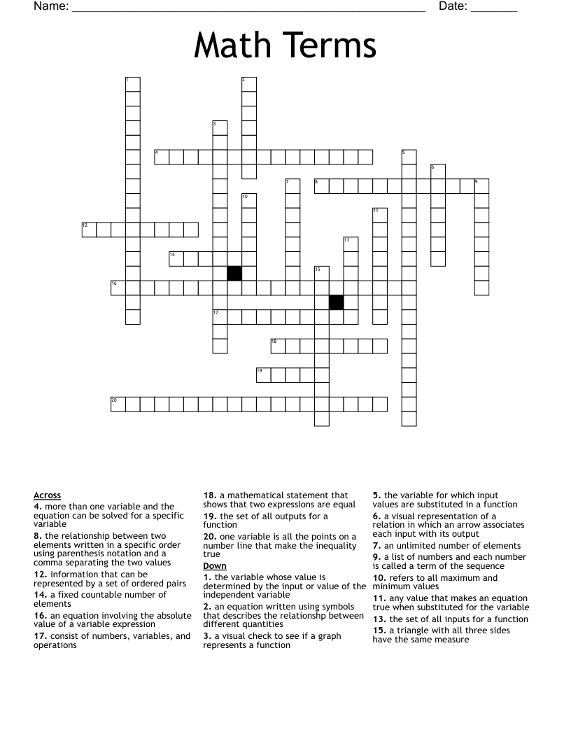 Math Terms Crossword