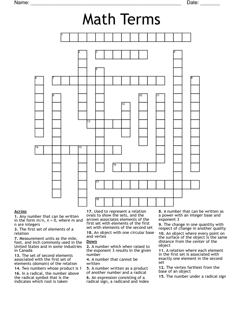Math Terms Crossword