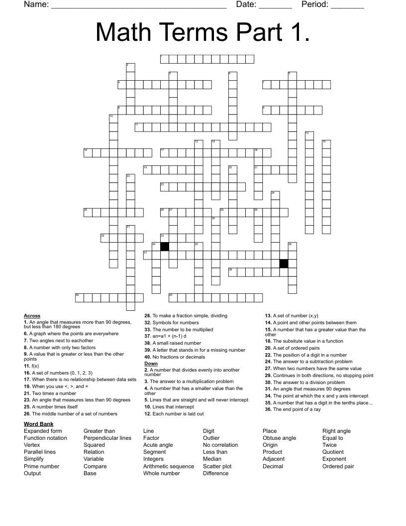 Math Terms Part 1. Crossword