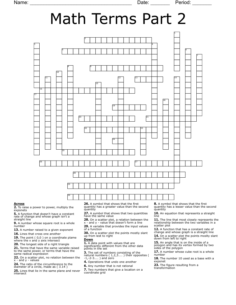 Math Terms Part 2 Crossword