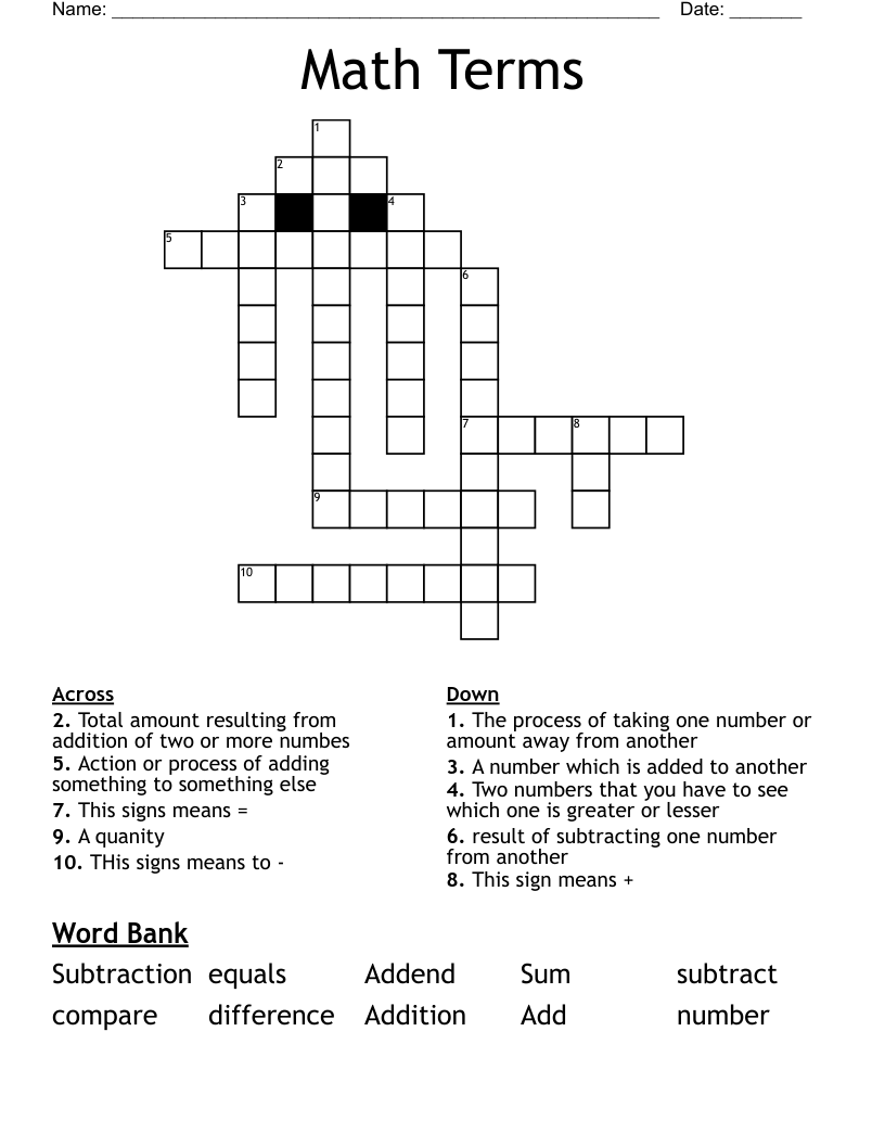 Math Terms  Crossword