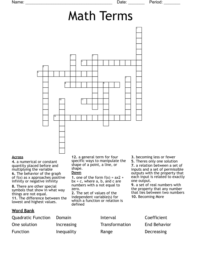 Math Terms  Crossword
