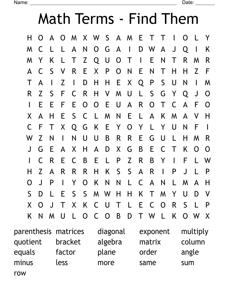 Math Terms - Find Them Word Search