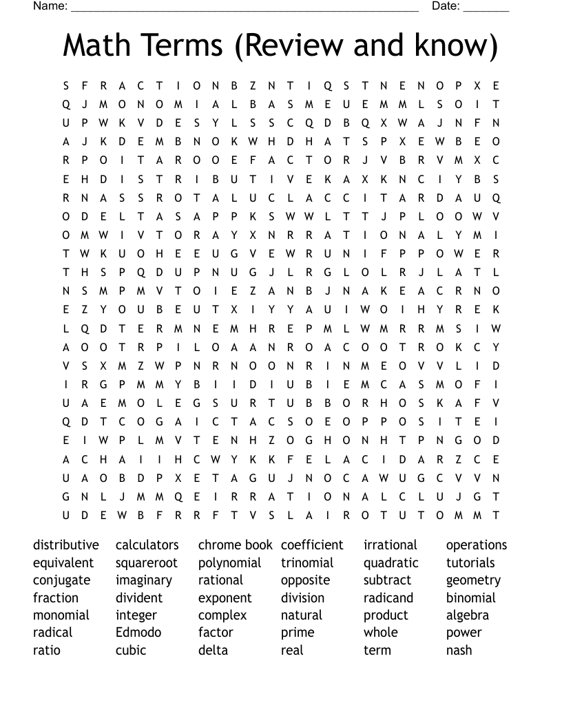 Math Terms  (Review and know) Word Search