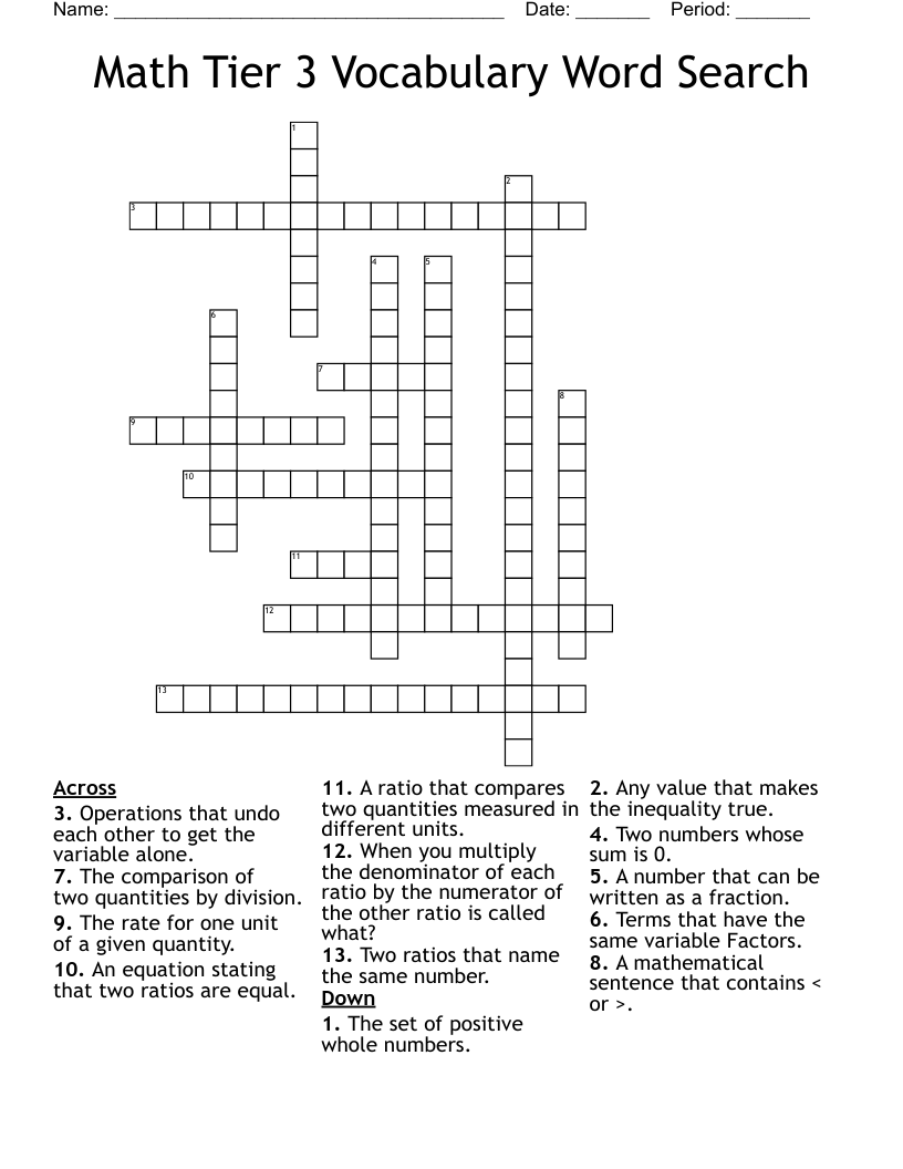 Math Tier 3 Vocabulary Word Search Crossword