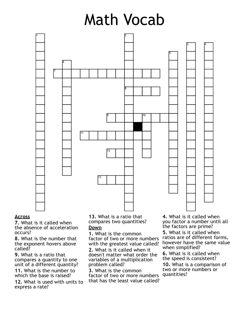Math Vocab Crossword