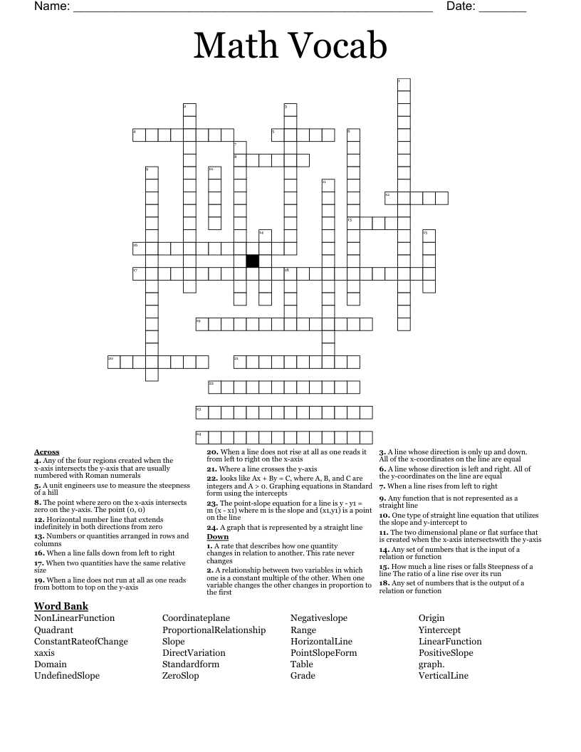 Math Vocab Crossword