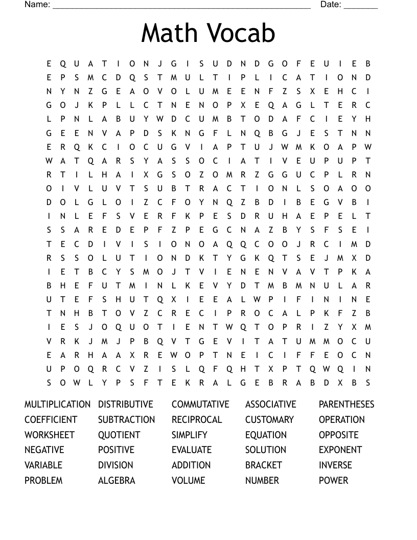 Math Vocab Word Search