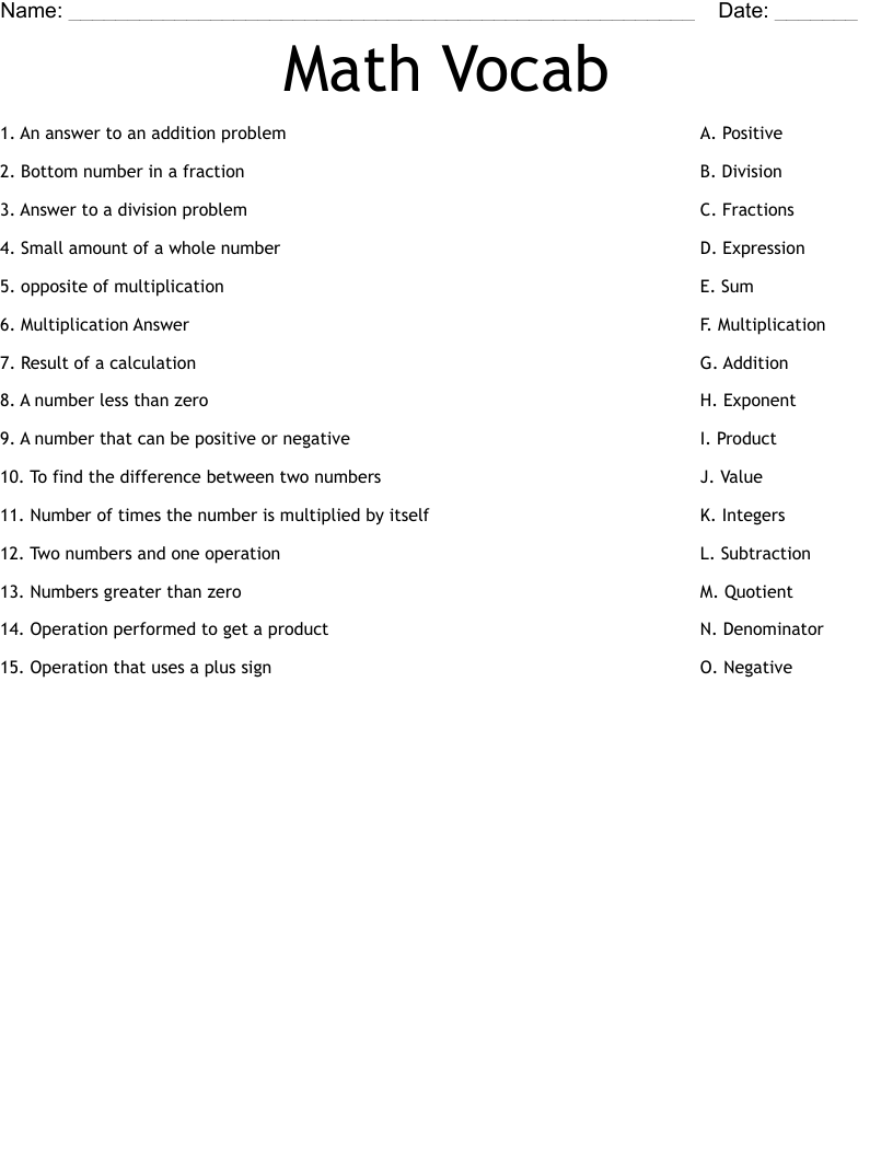 Math Vocab Worksheet