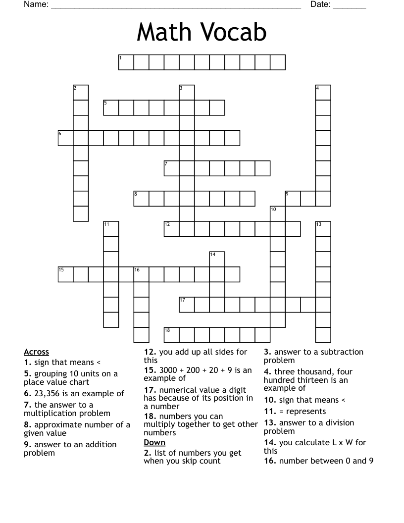 Math Vocab Crossword