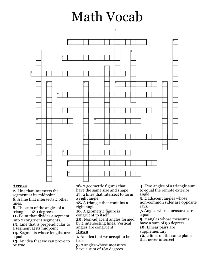 Math Vocab Crossword