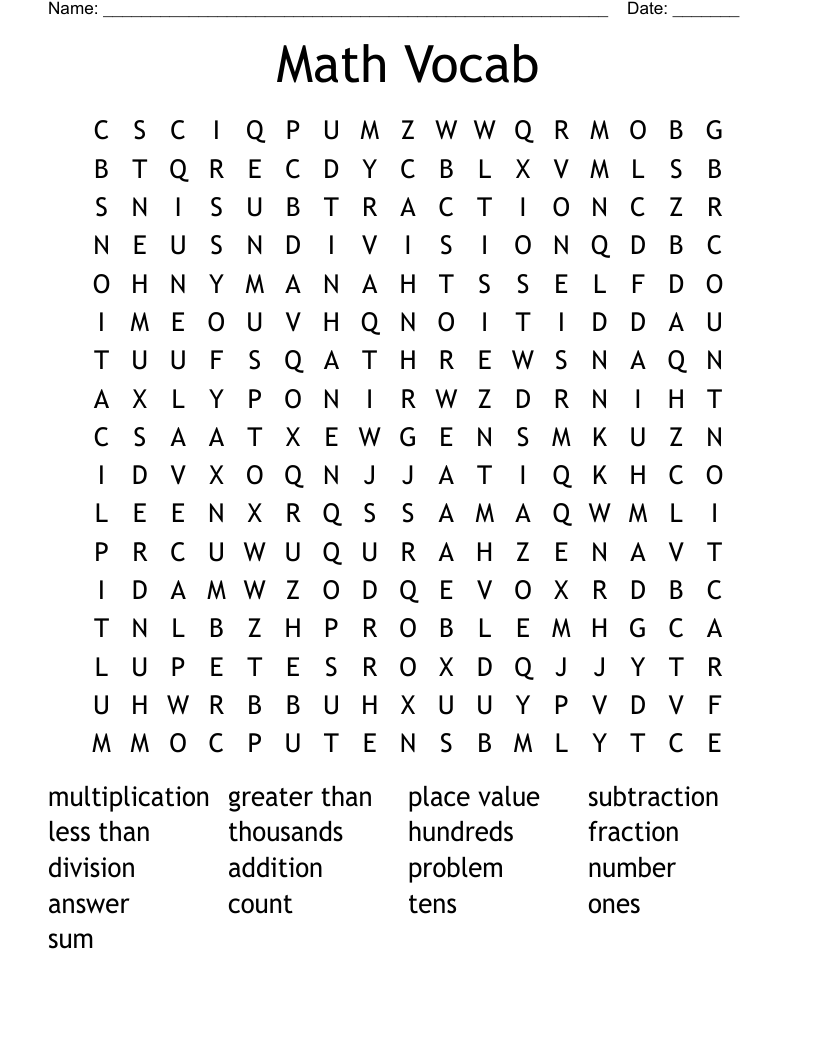 Math Vocab Word Search