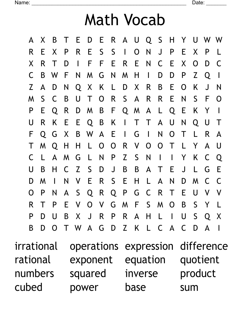 Math Vocab Word Search