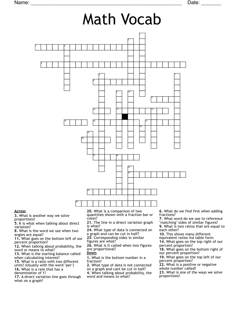 Math Vocab Crossword