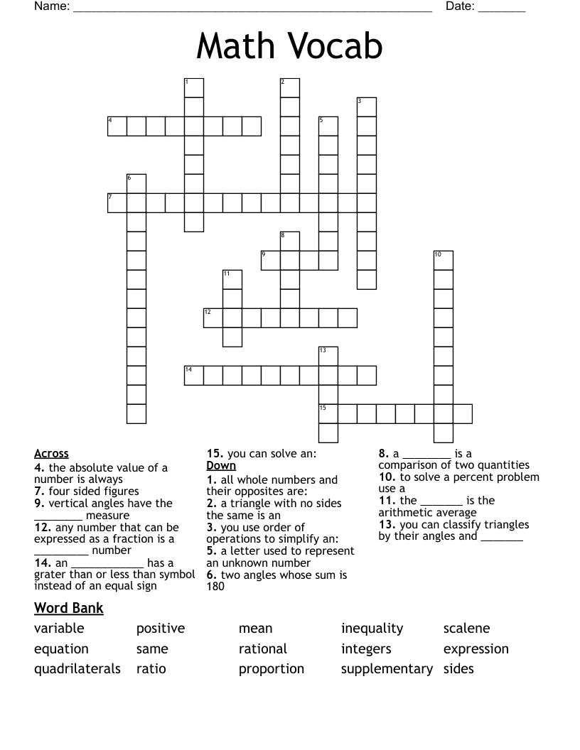 Math Vocab Crossword