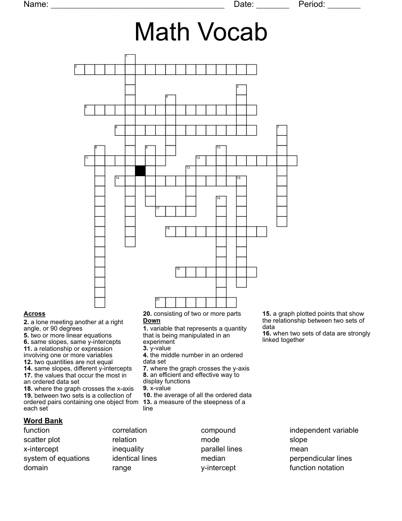 Math Vocab Crossword