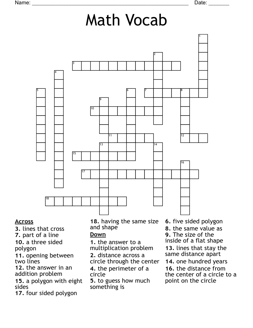 Math Vocab Crossword