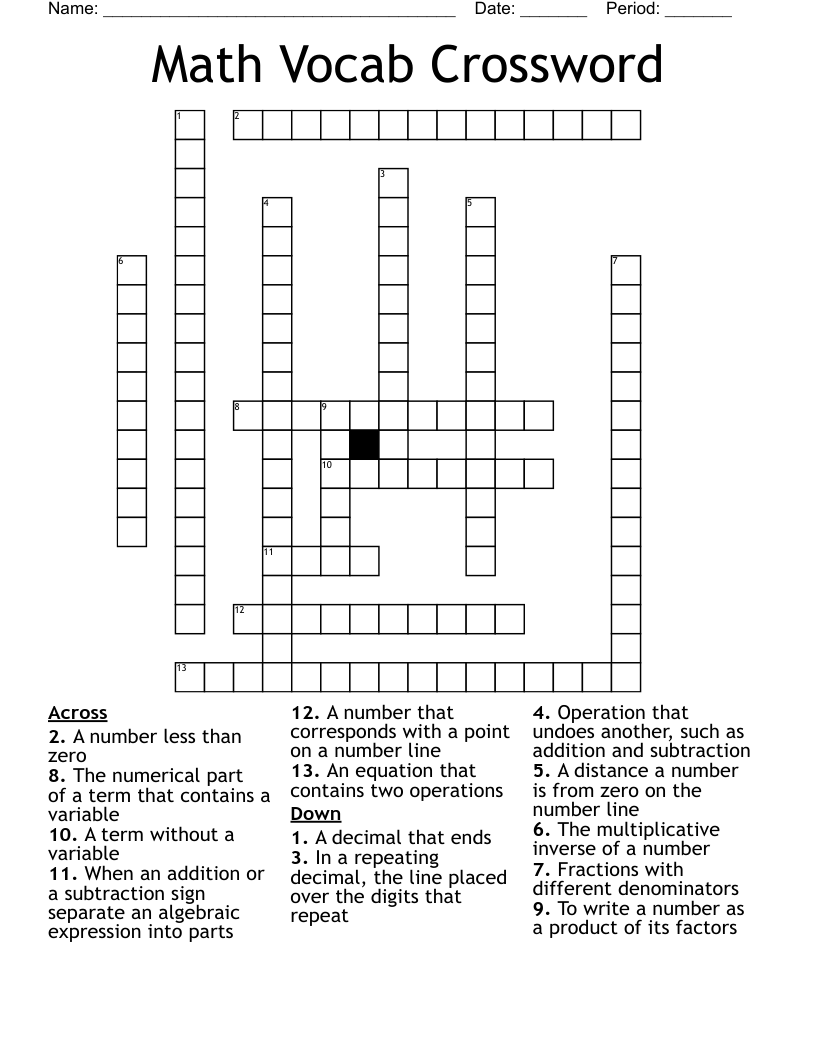 Math Vocab Crossword