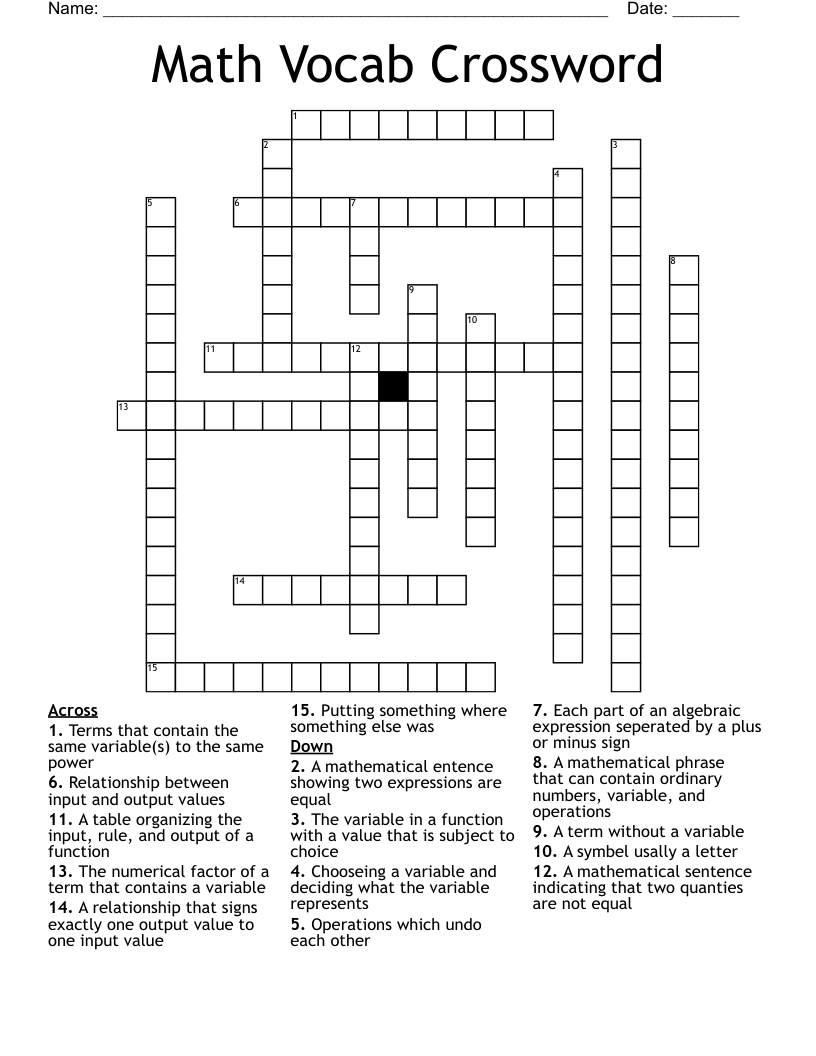 Math Vocab Crossword