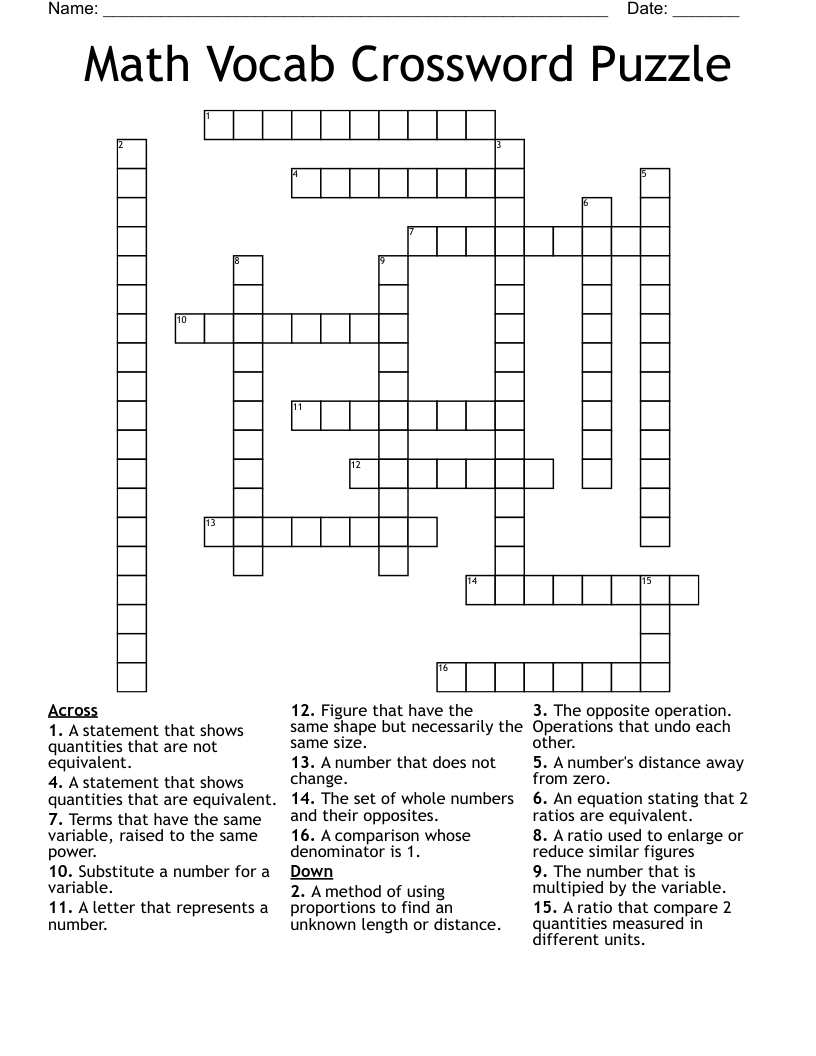 Math Vocab Crossword Puzzle