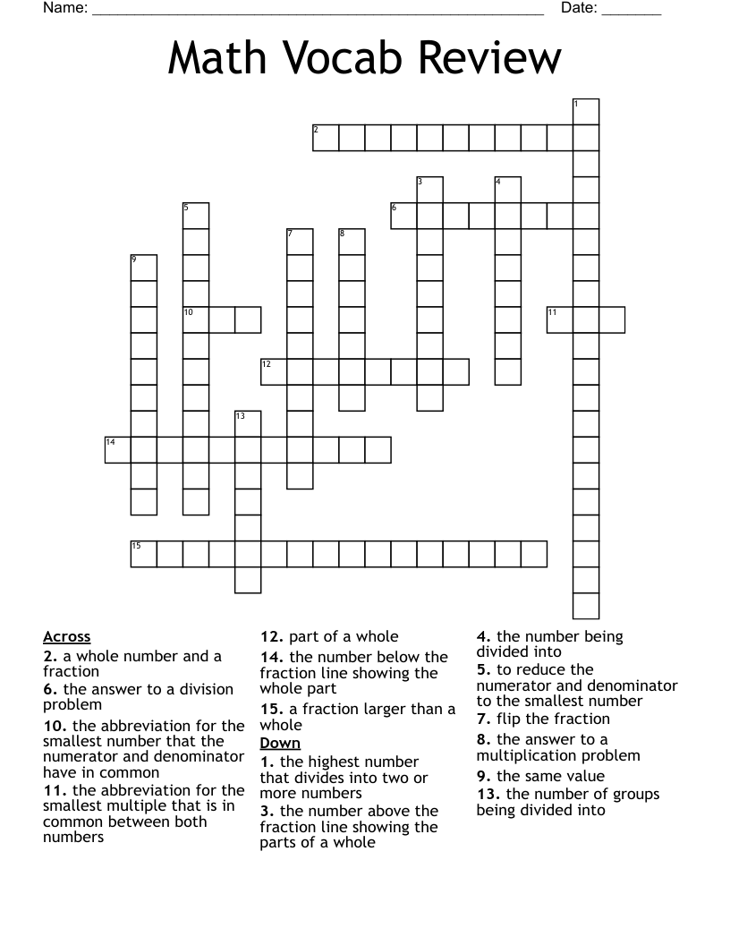 Math Vocab Review Crossword