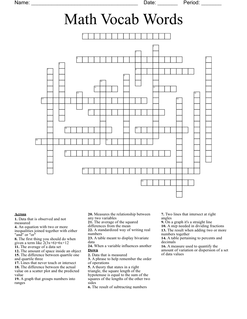 Math Vocab Words  Crossword
