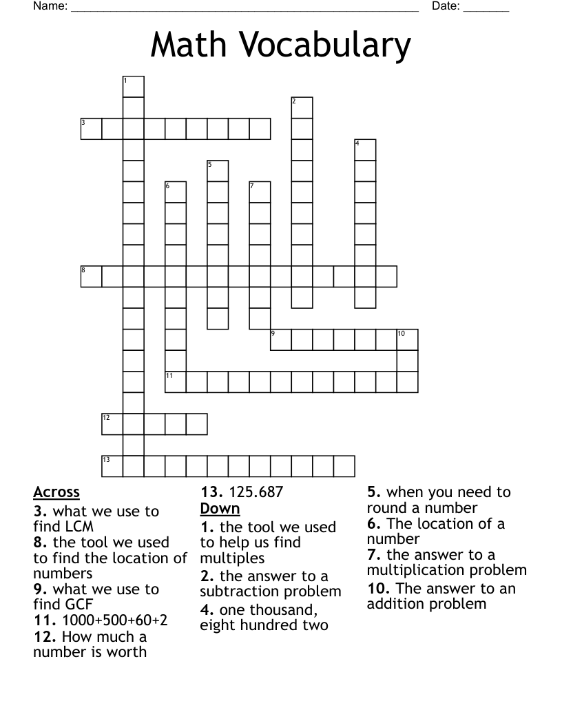 Math Vocabulary Crossword