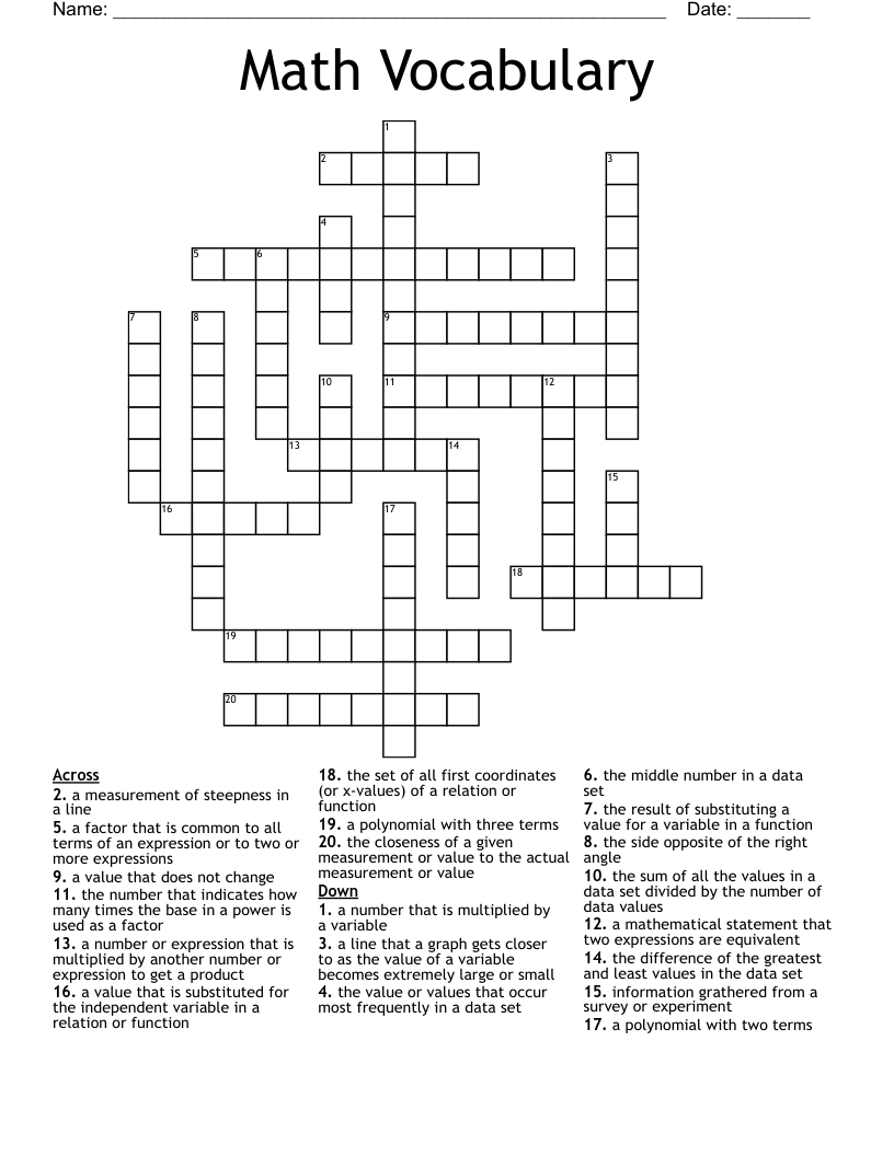 Math Vocabulary Crossword