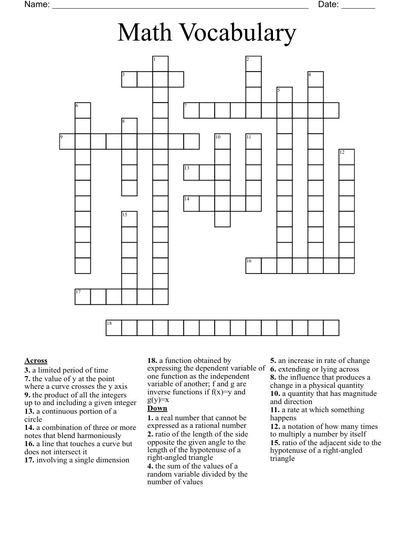 Math Vocabulary Crossword