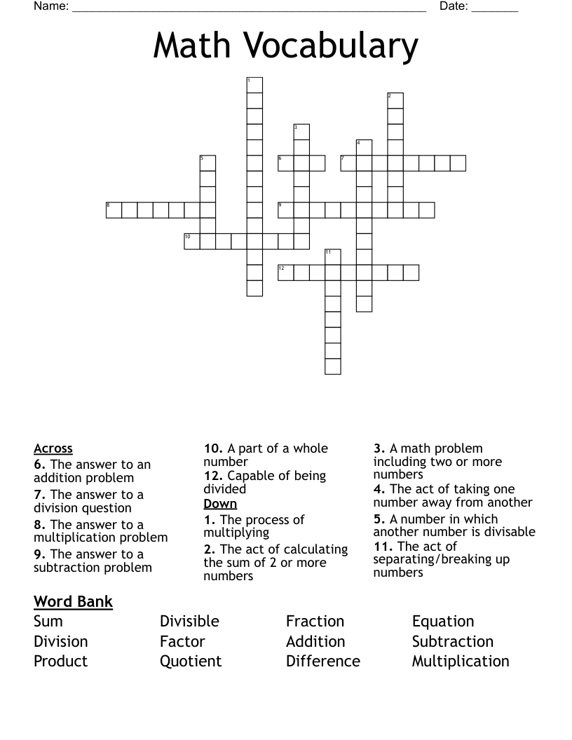 Math Vocabulary Crossword
