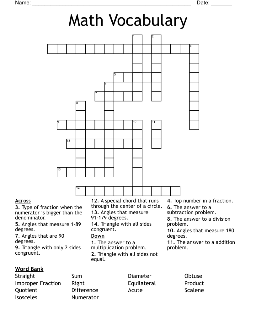Math Vocabulary Crossword