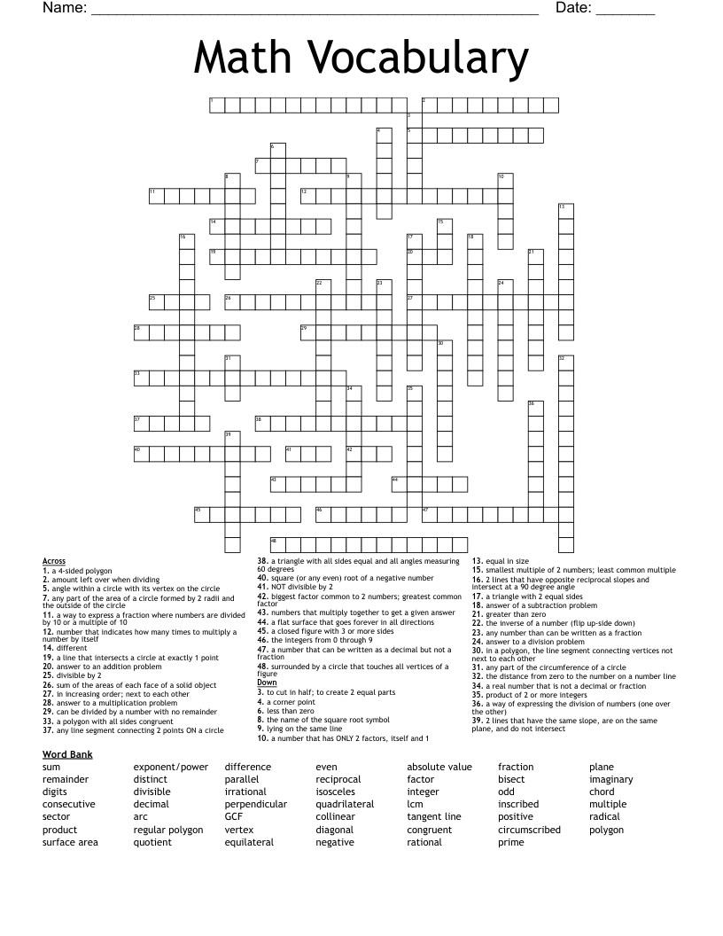 Math Vocabulary Crossword