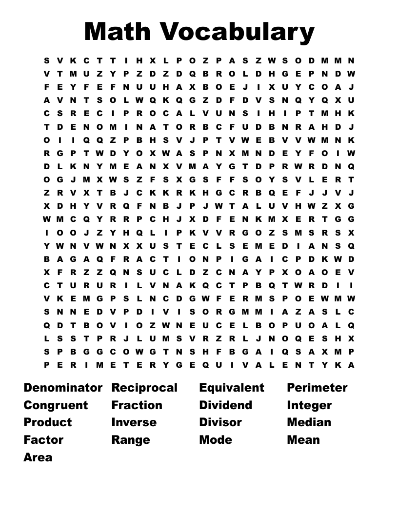 Math Vocabulary Word Search