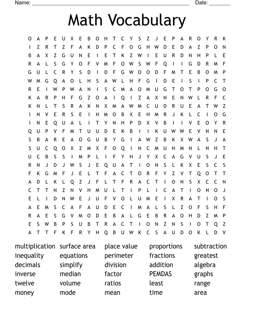 Math Vocabulary Word Search