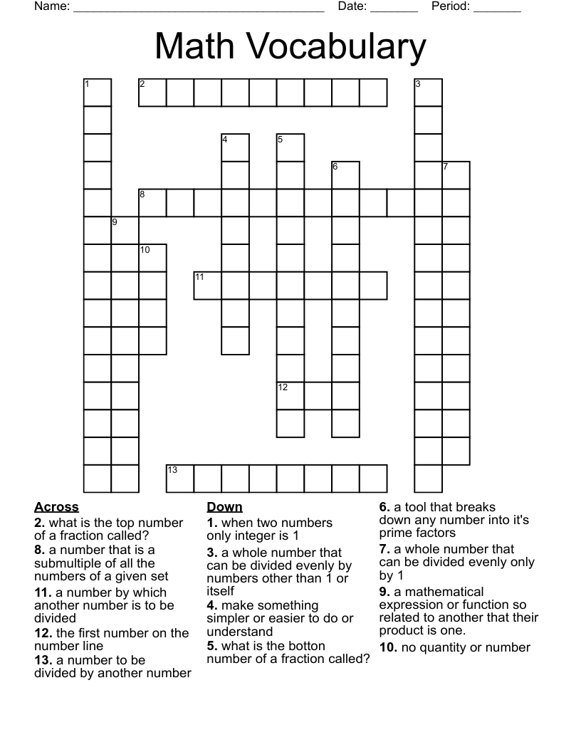 Math Vocabulary Crossword