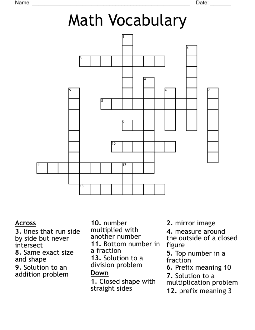 Math Vocabulary Crossword