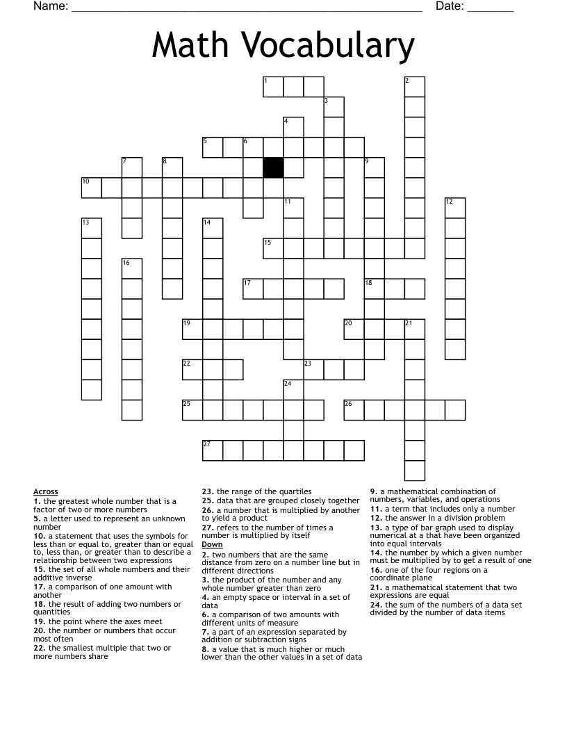 Math Vocabulary Crossword