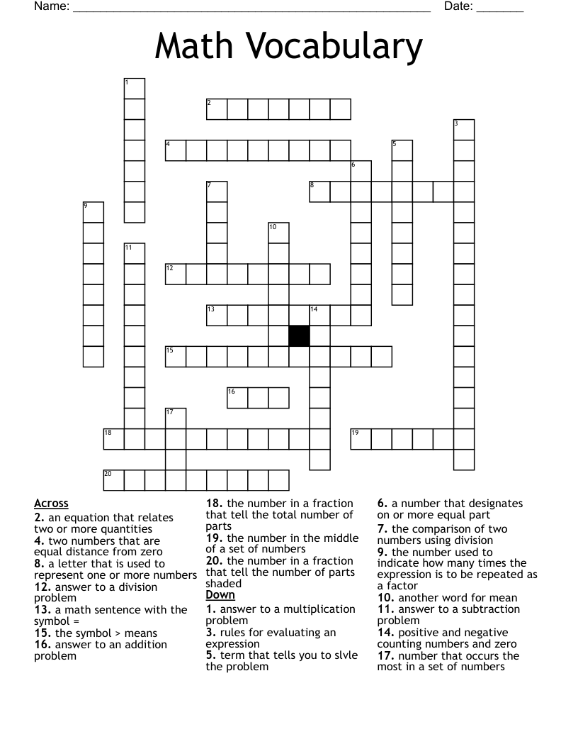 Math Vocabulary Crossword