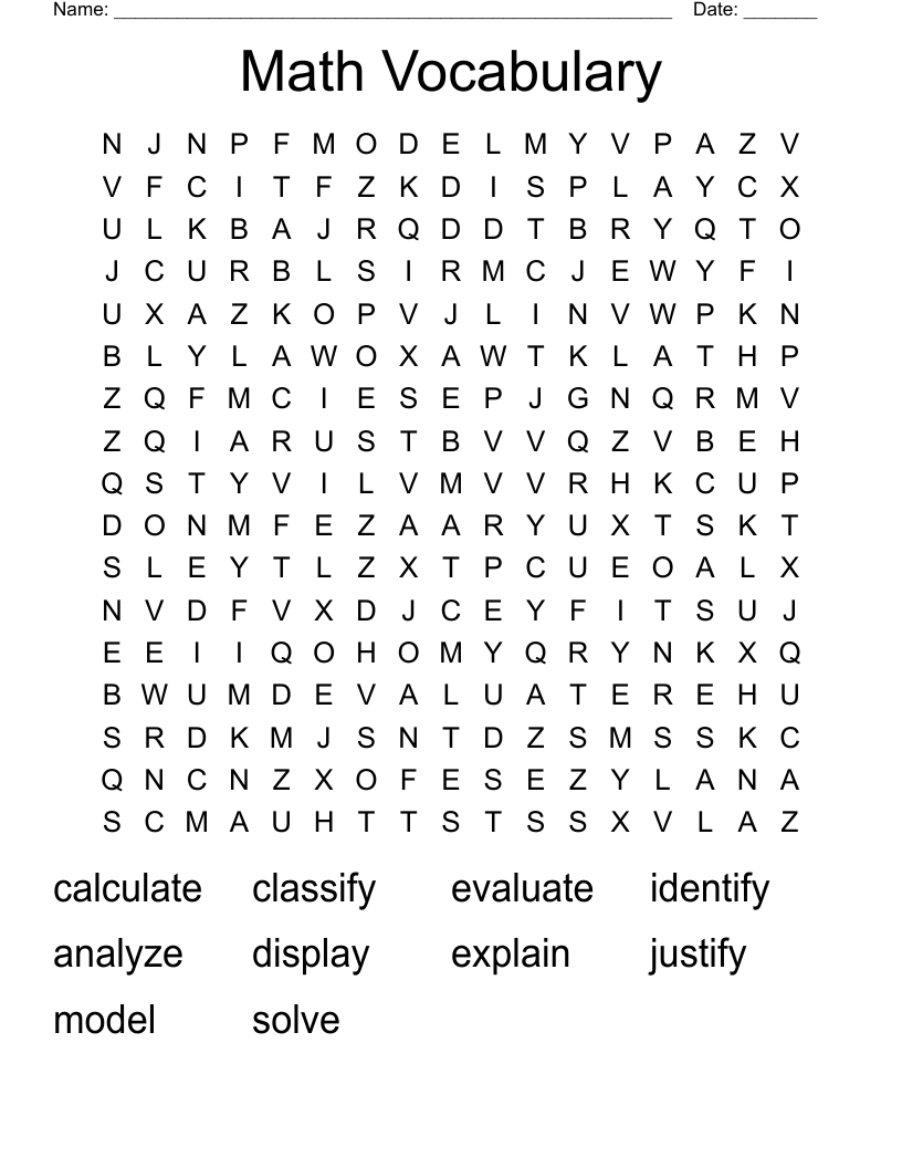 Math Vocabulary Word Search