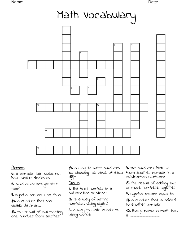 Math Vocabulary Crossword