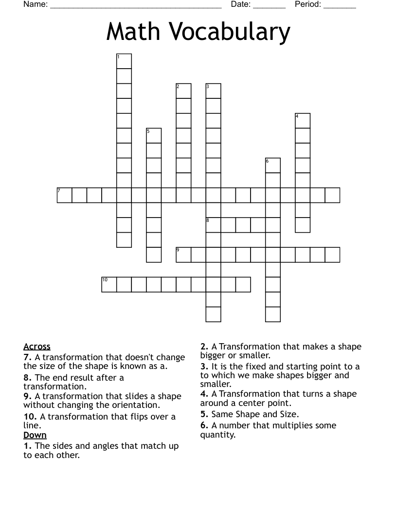 Math Vocabulary Crossword