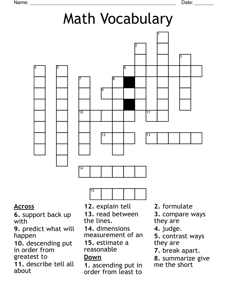 Math Vocabulary Crossword