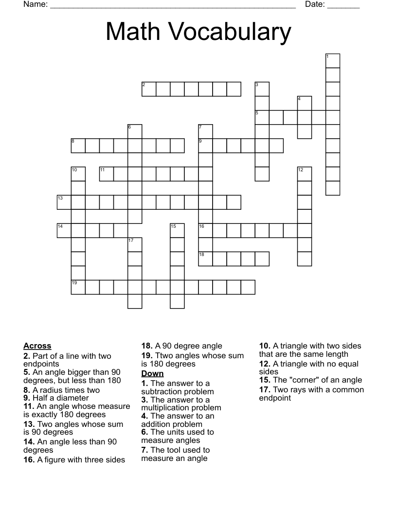 Math Vocabulary Crossword