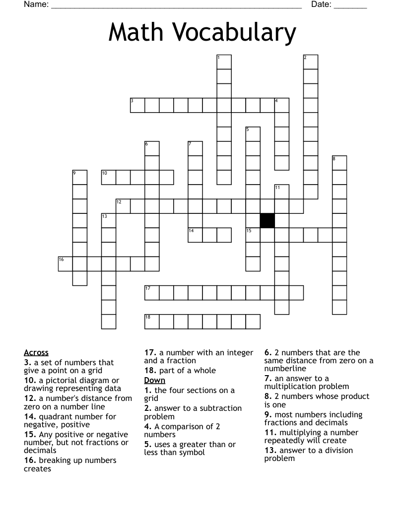 Math Vocabulary Crossword