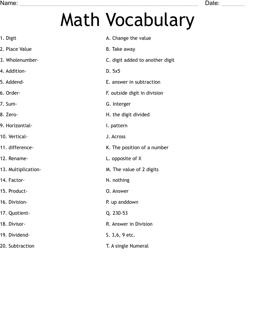 Math Vocabulary Worksheet
