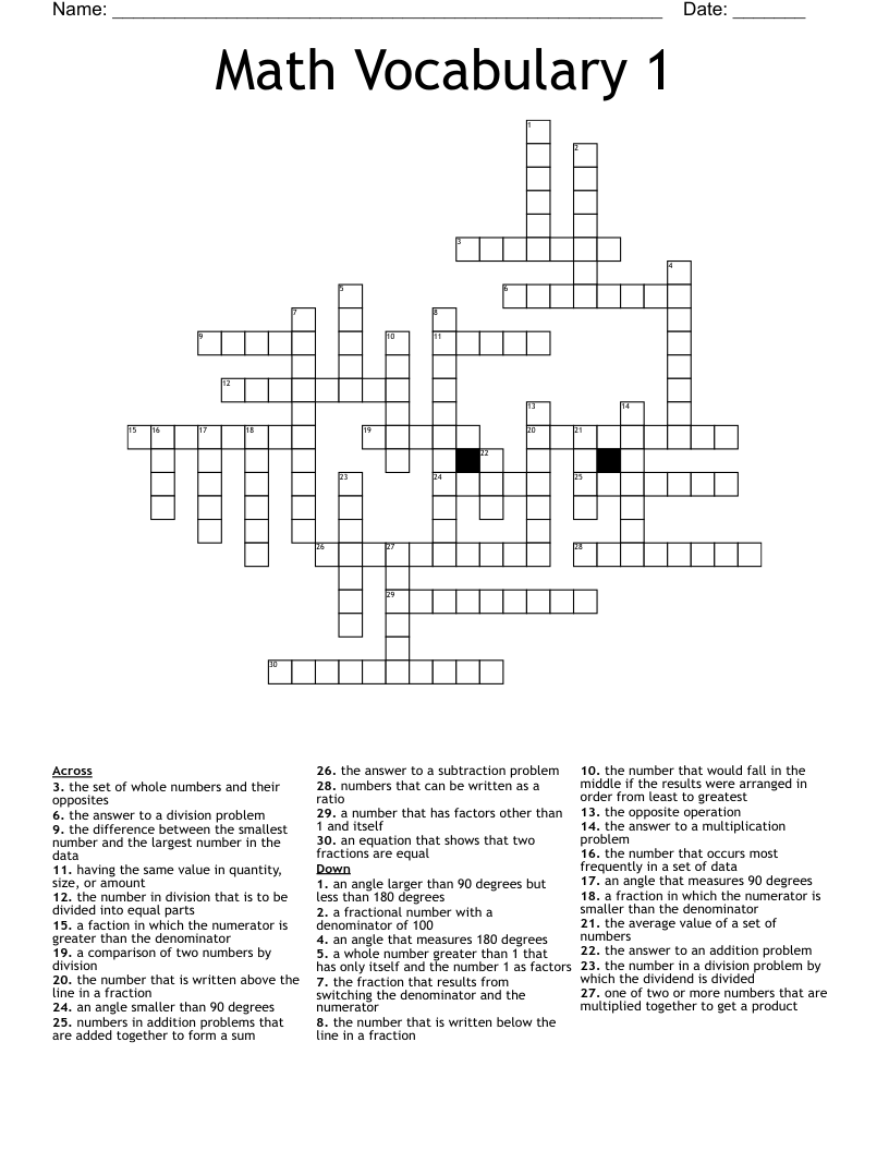 Math Vocabulary 1 Crossword