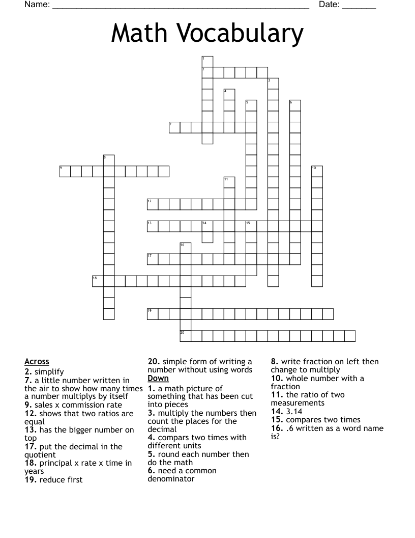Math Vocabulary Crossword