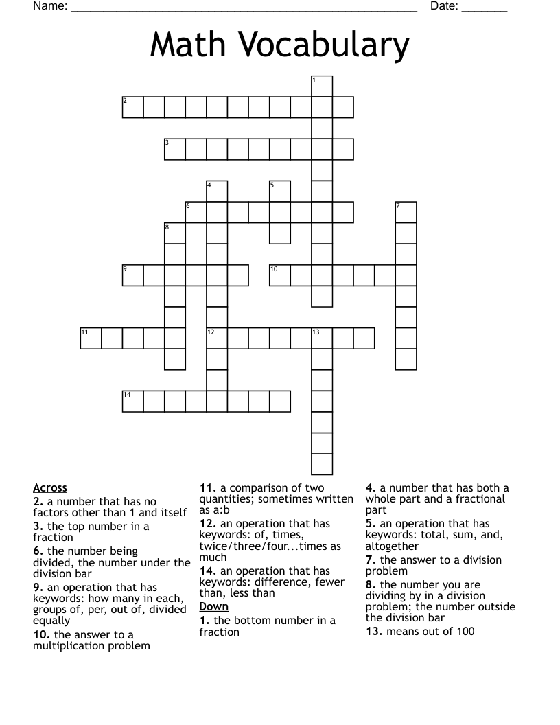 Math Vocabulary Crossword