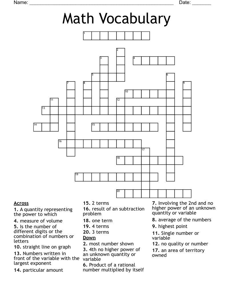 Math Vocabulary Crossword