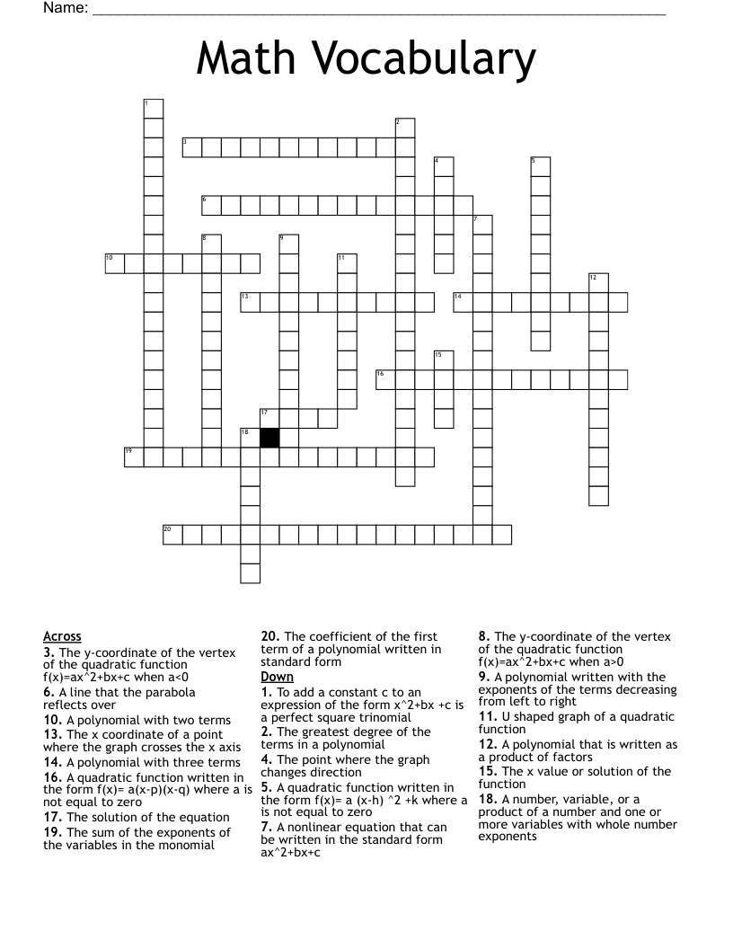 Math Vocabulary Crossword